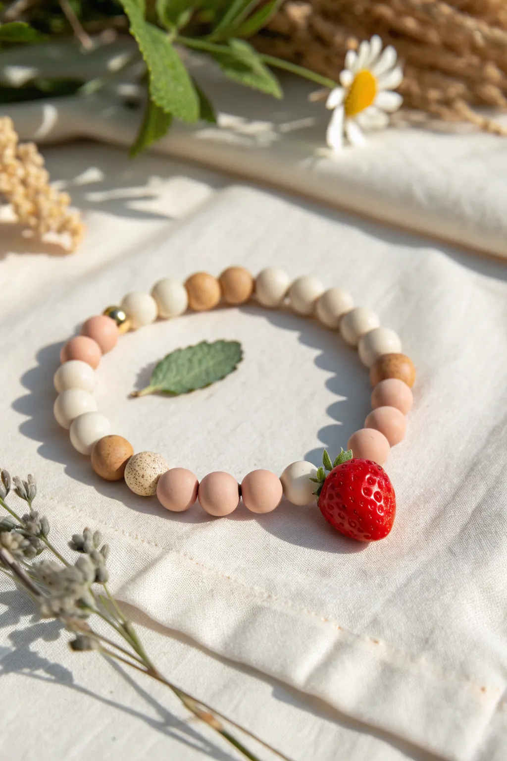 Neutral clay bead bracelet with one vivid strawberry bead pop, minimalist Scandinavian boho vibe