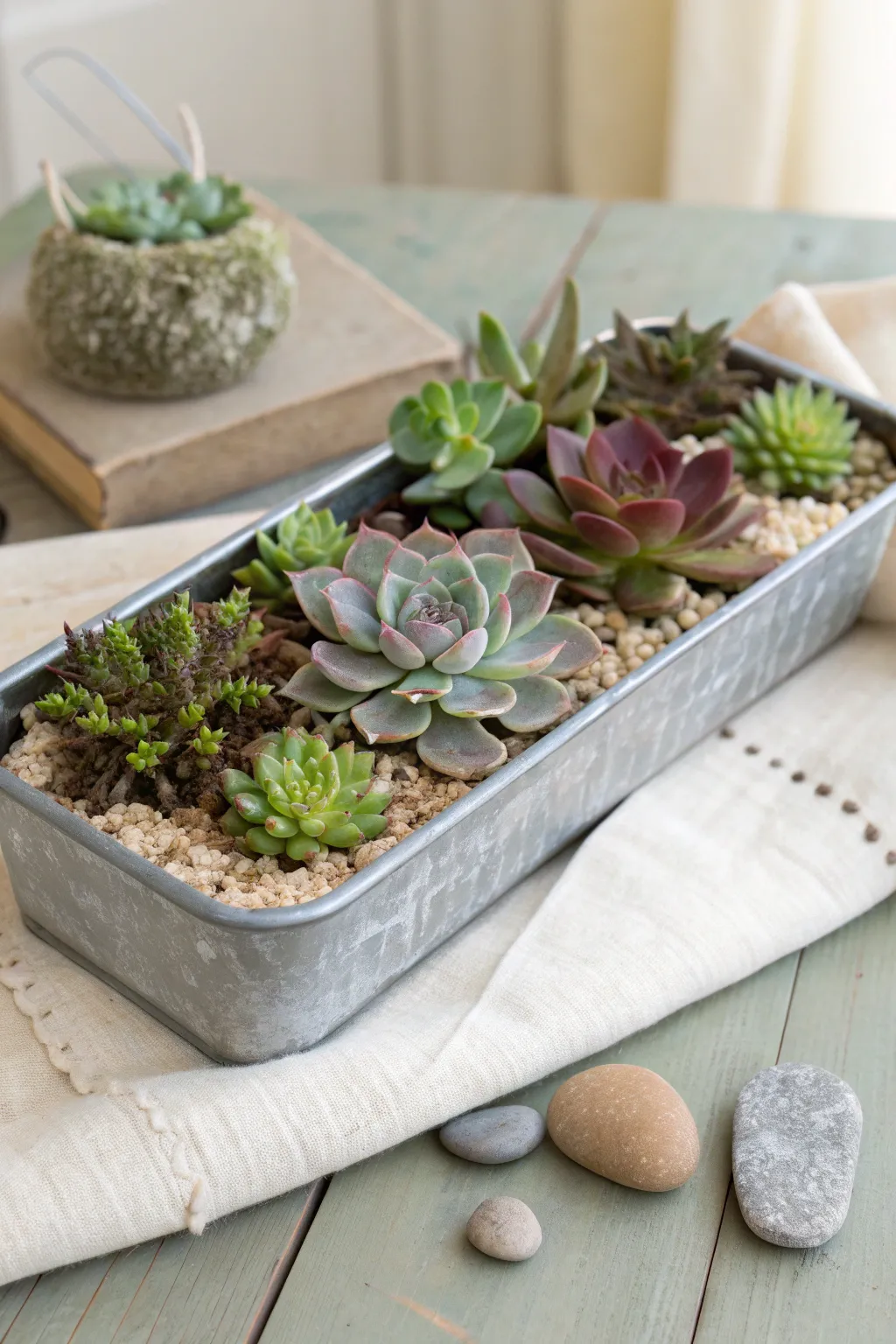 Industrial-chic succulent tray with grit-and-gravel topdressing for a clean, minimal look
