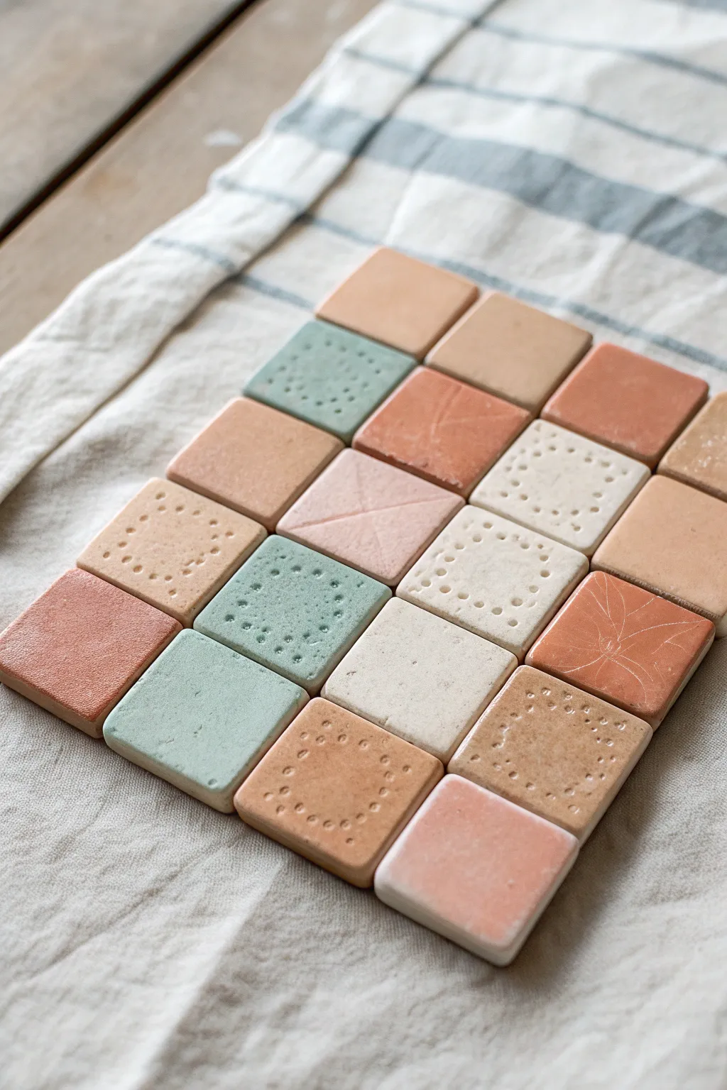 Soft gradient super clay wall tiles in a mini mosaic, minimalist boho color blend beauty.