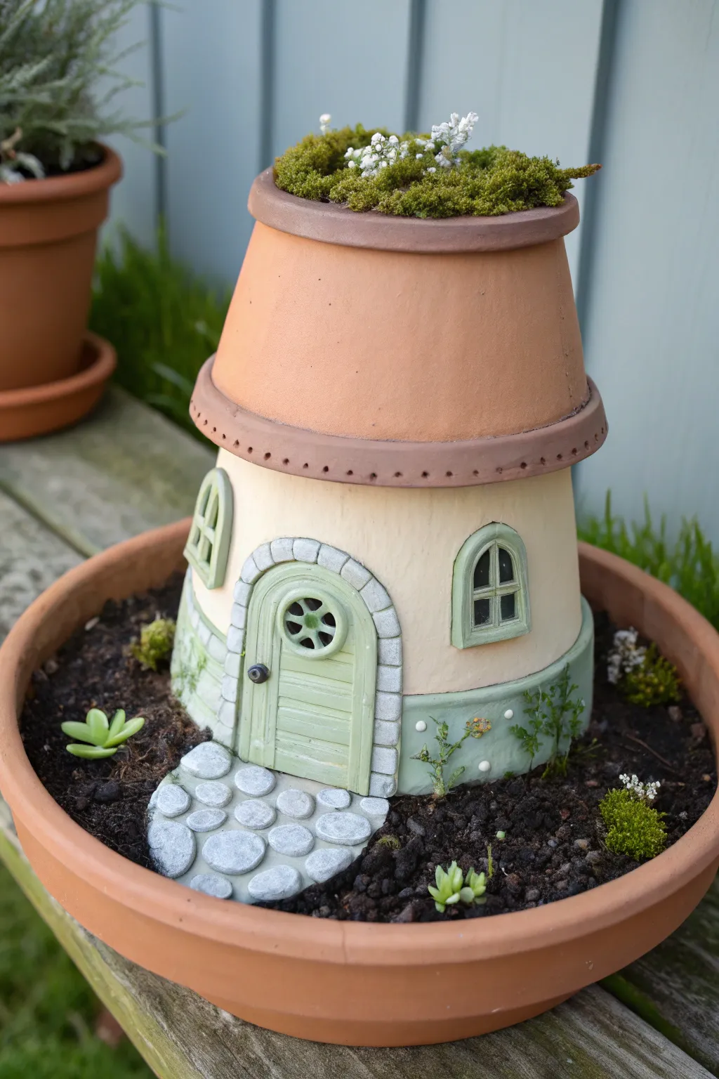 A simple terra cotta fairy house with saucer roof, moss and pebbles for dreamy garden charm