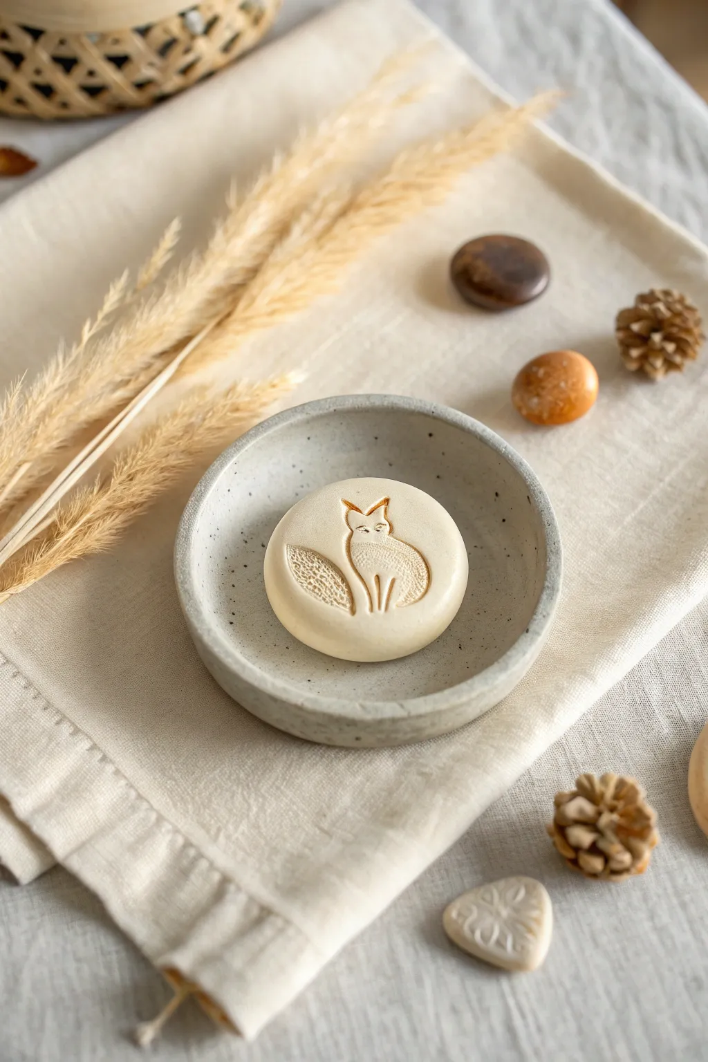A calm pocket totem animal coin, minimalist and handmade, styled in a soft neutral dish.