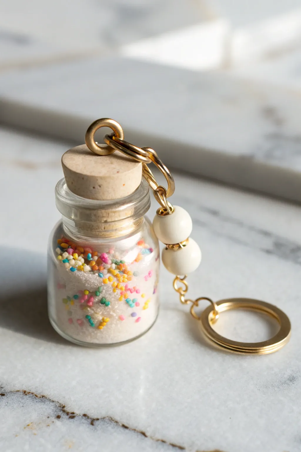Mini shaker sprinkle jar charm in pastel clay, simple boho details, crisp focus and contrast