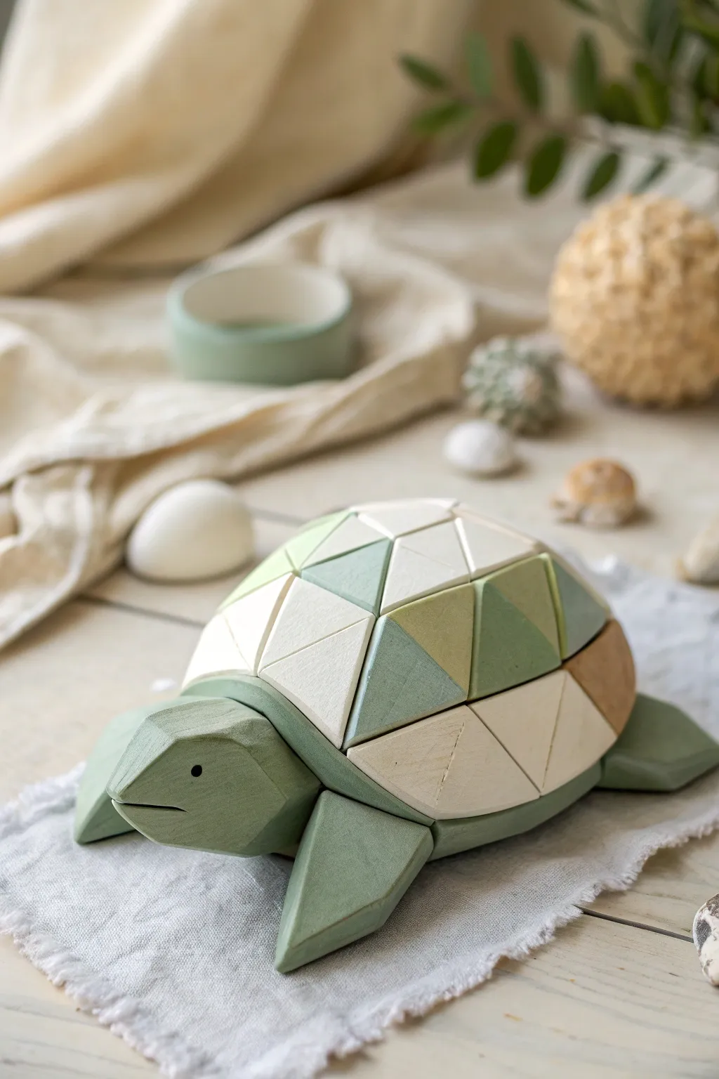 Modern geometric clay turtle with clean lines and earthy tones on a soft neutral backdrop