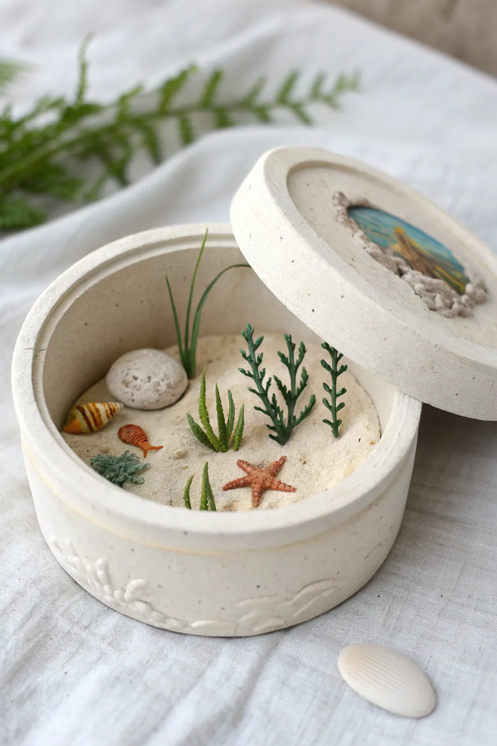 Tiny clay trinket box with a hidden mini underwater scene, minimalist and dreamy with handmade charm