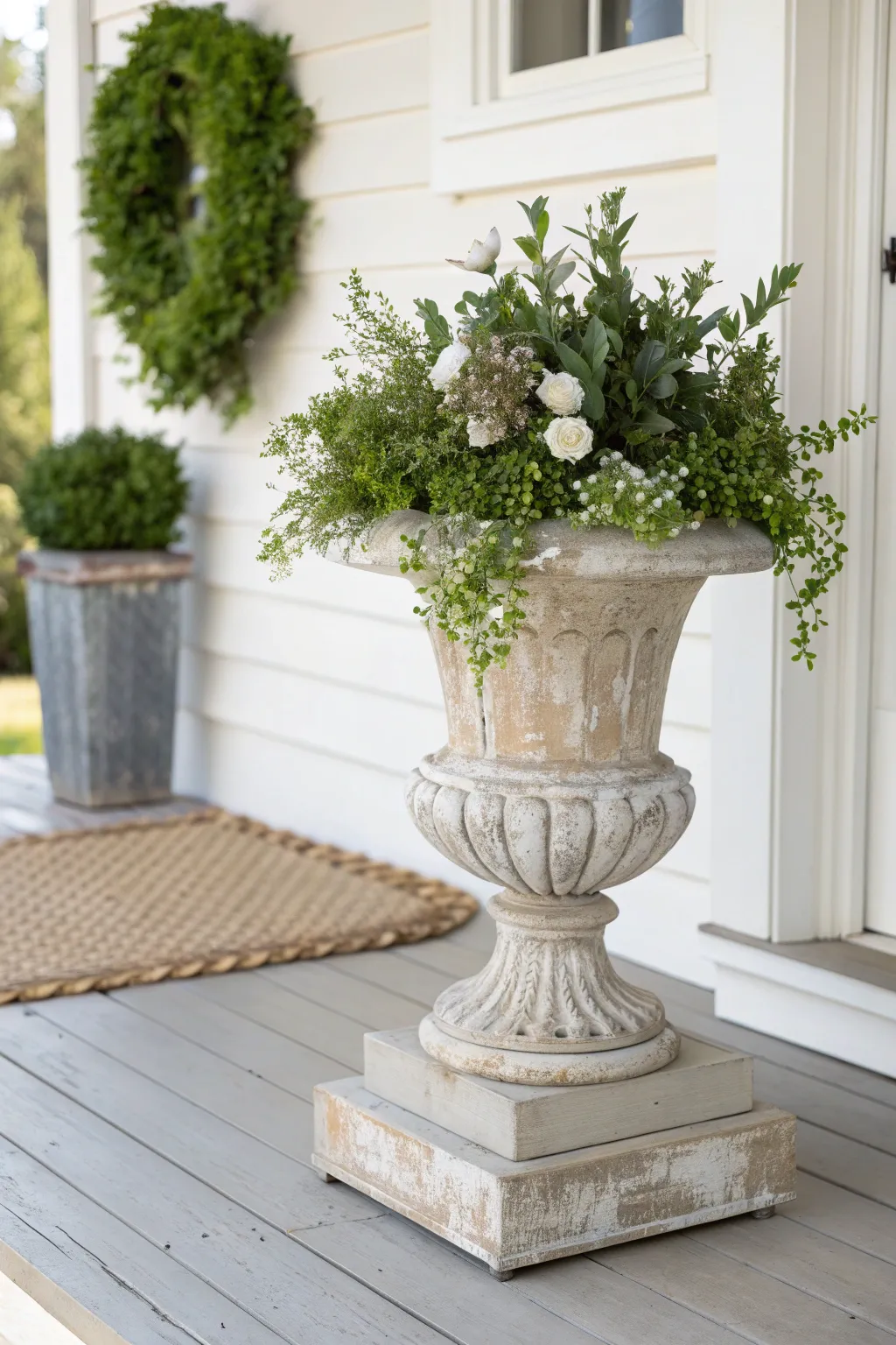 Faux-aged painted urn planter on a porch, timeless heirloom charm with fresh greenery.