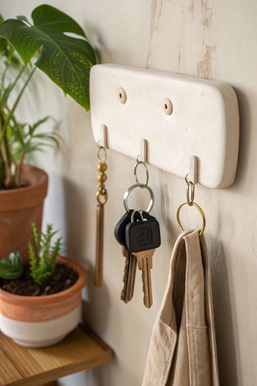 Minimal clay key rack with sturdy built-in hooks, bringing calm Scandinavian boho to your entryway.
