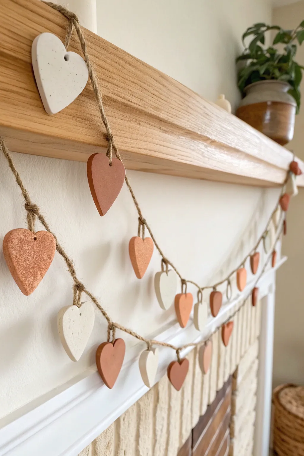 Sweetheart clay garland with mixed heart shapes, strung on twine for a cozy Valentine touch.