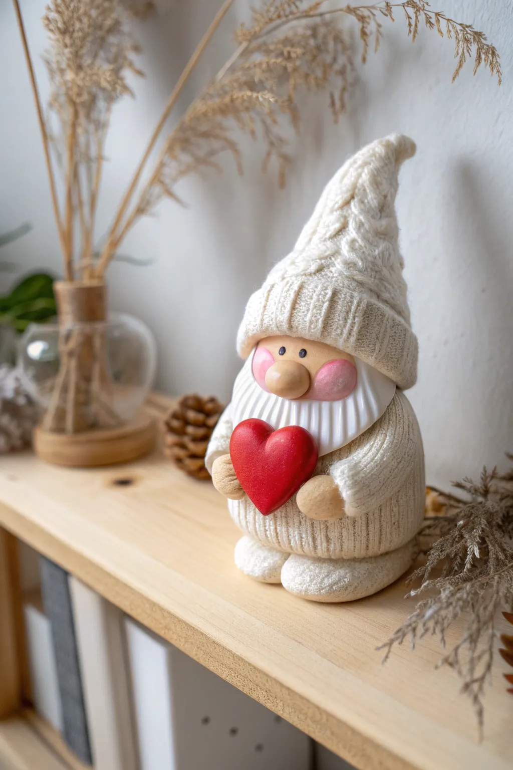 Minimalist clay gnome holding a red heart, a sweet handmade Valentines decor idea