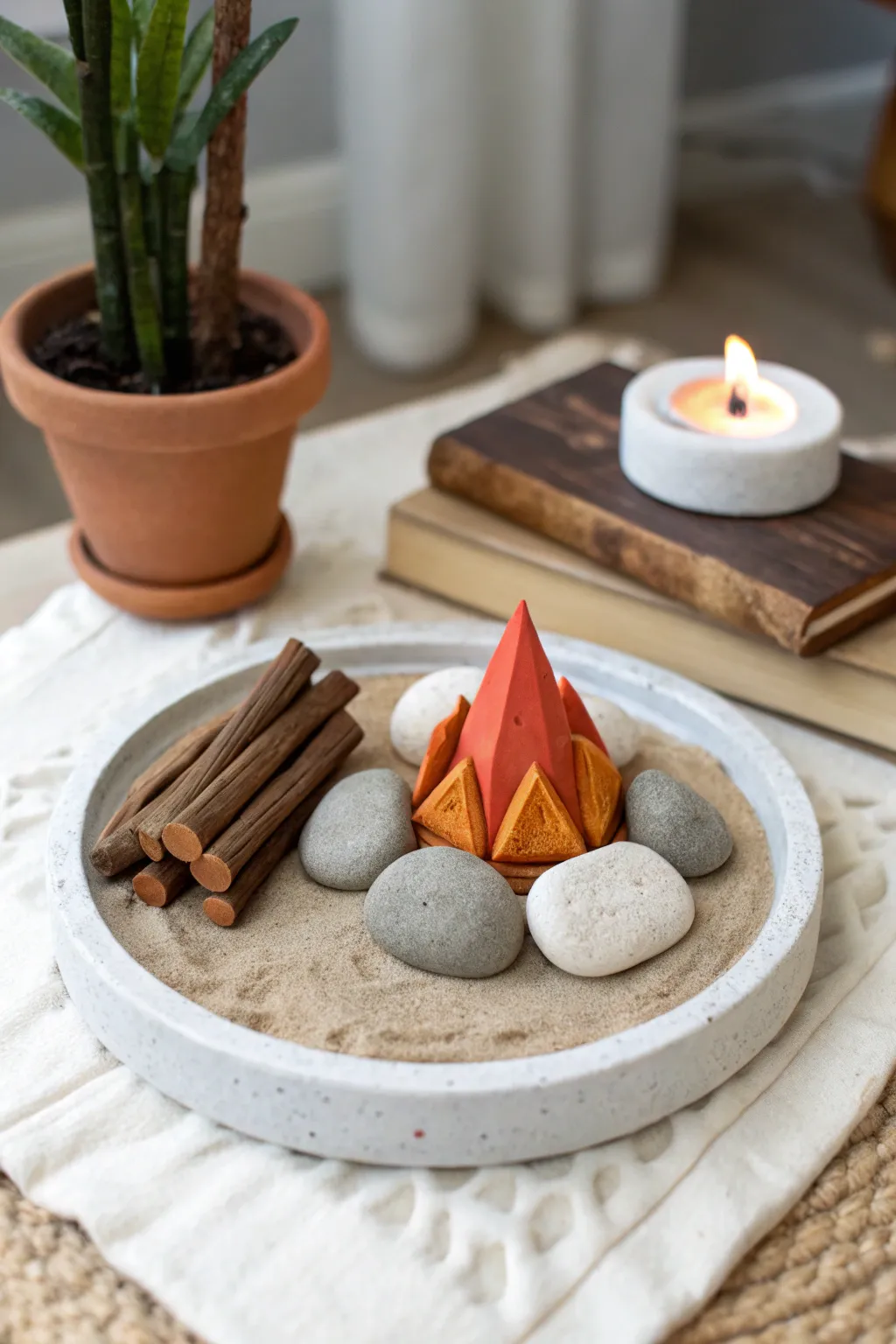 Mini western campfire clay diorama with cozy warm light, simple shapes, and rustic charm