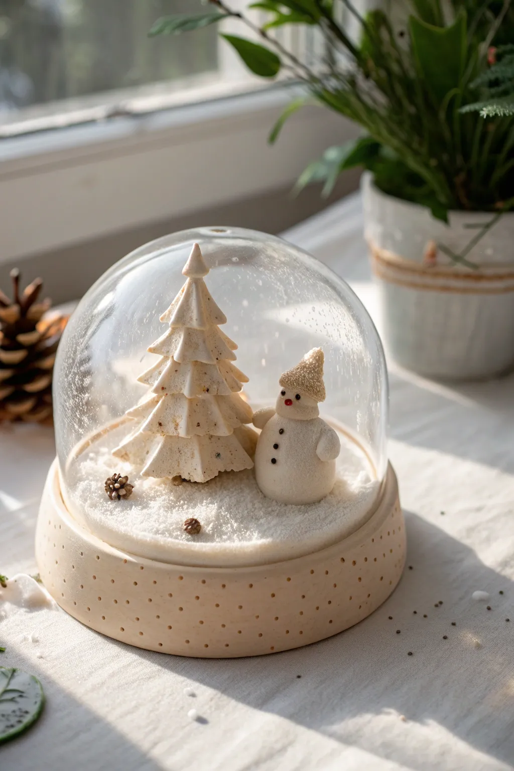 Cozy winter clay snow globe topper with tiny tree and snowman, simple Scandinavian chic