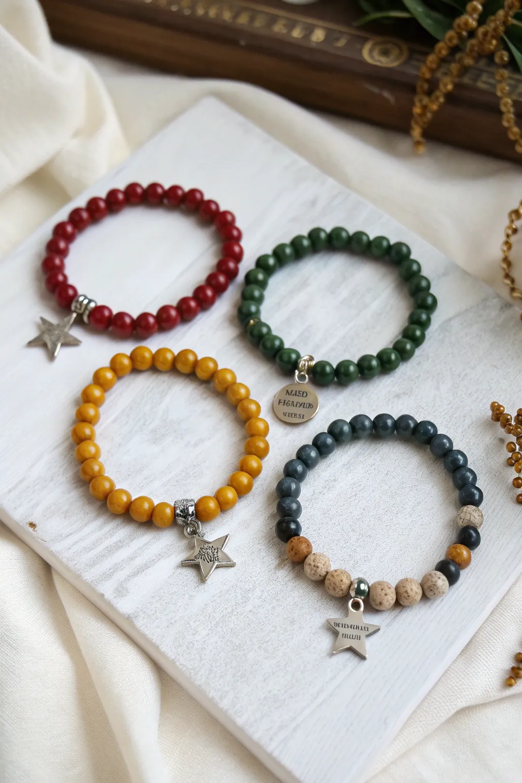 Best-friends four-house bracelet set in cozy colors, styled as a minimal gift-ready flat lay
