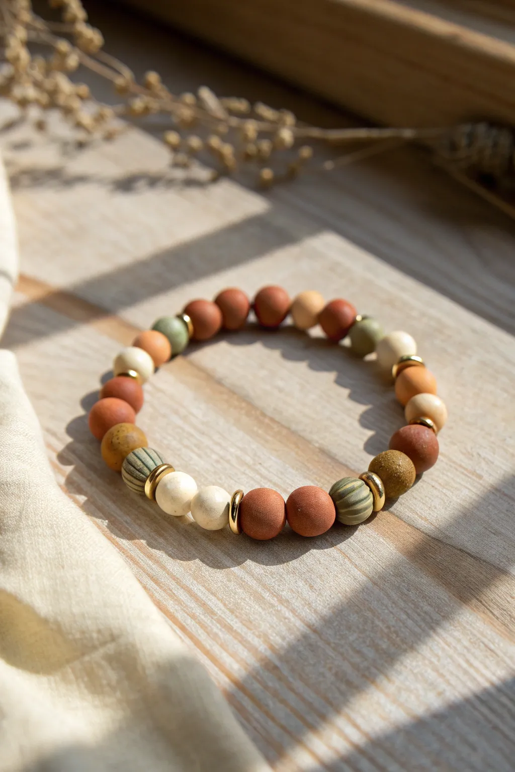 Earthy clay bead bracelet in terracotta, cream, olive, and mustard with warm accents