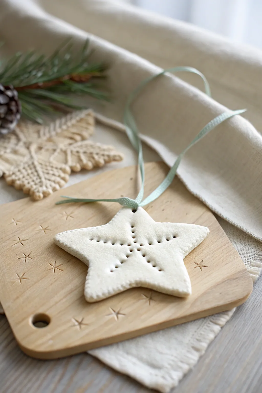 Minimal snowflake stitched clay ornament with ribbon hanger, modern handmade Christmas decor.