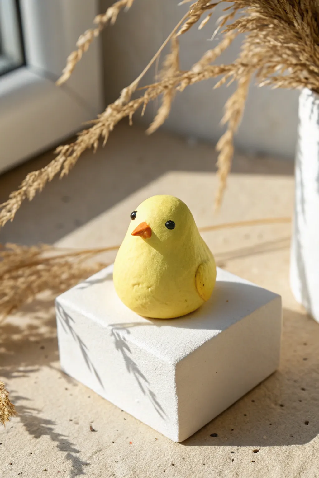 Cute yellow clay canary figurine on a white block, minimal and sunny decor inspiration.