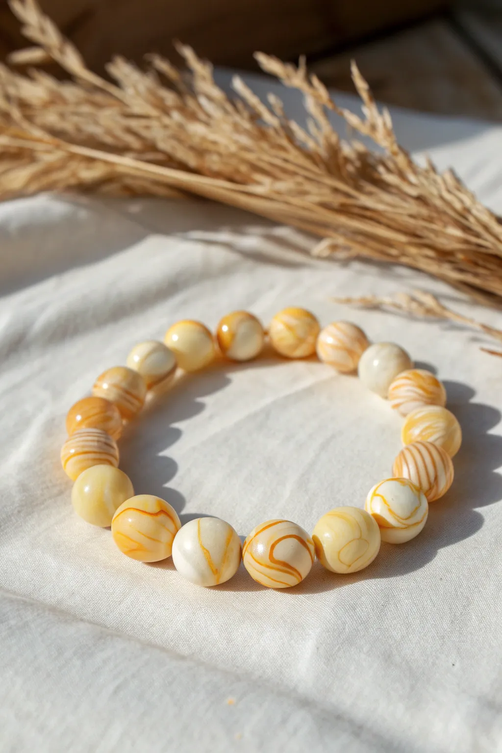 Sunny marbled yellow swirl beads in a simple handmade bracelet, minimal, warm, and chic