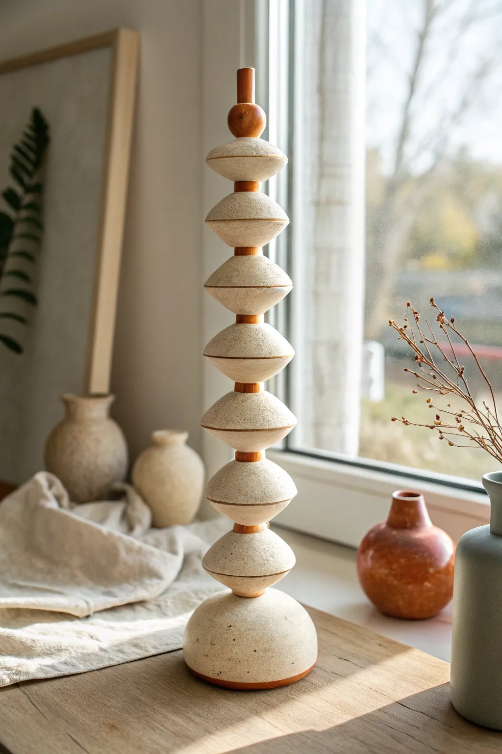 Playful stacked node totem in matte stoneware, minimalist shapes with a soft boho twist