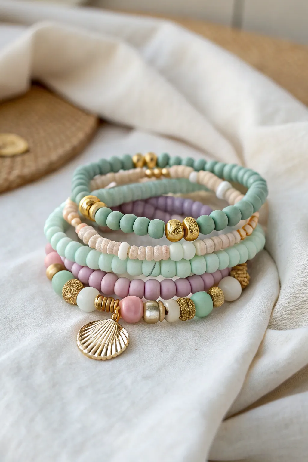 Statement charm stack: sea-tone clay bead bracelets with soft pastels and minimal gold accents