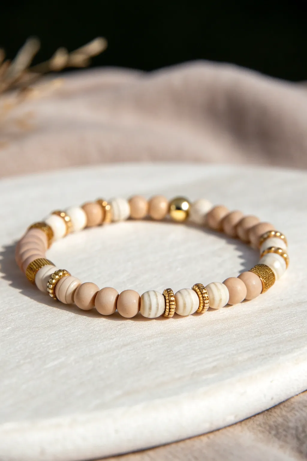 Minimalist clay heishi bracelet with gold accent beads, warm glow, easy DIY sparkle.