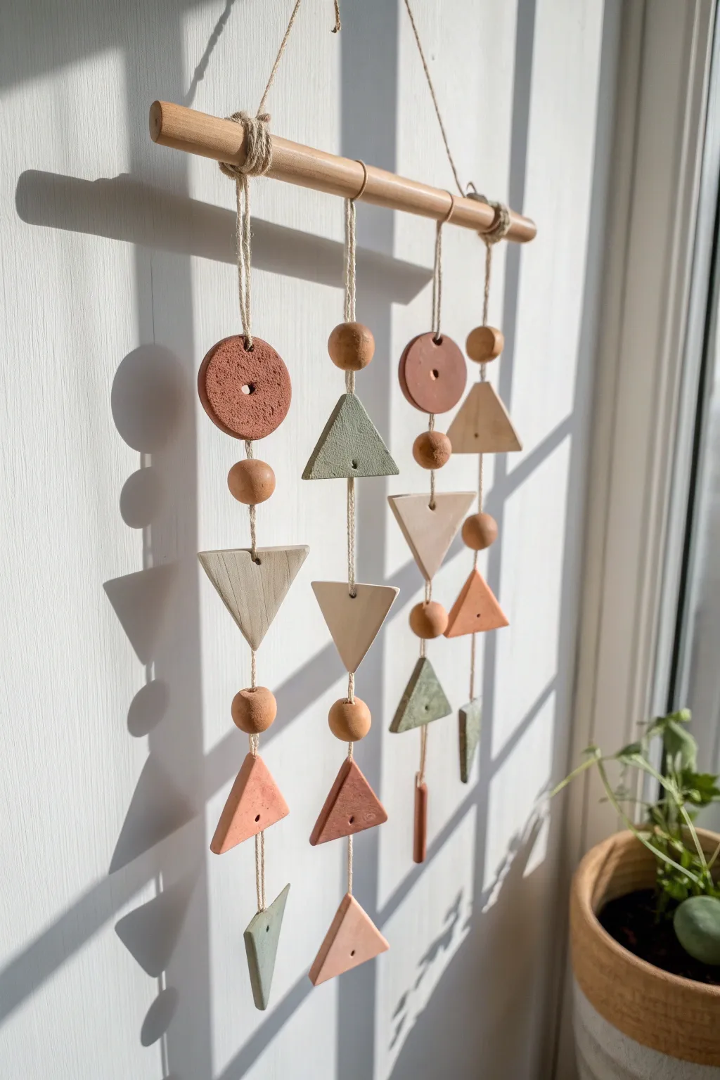 Minimalist air-dry clay mobile with muted geometric shapes and soft shadows on a bright wall