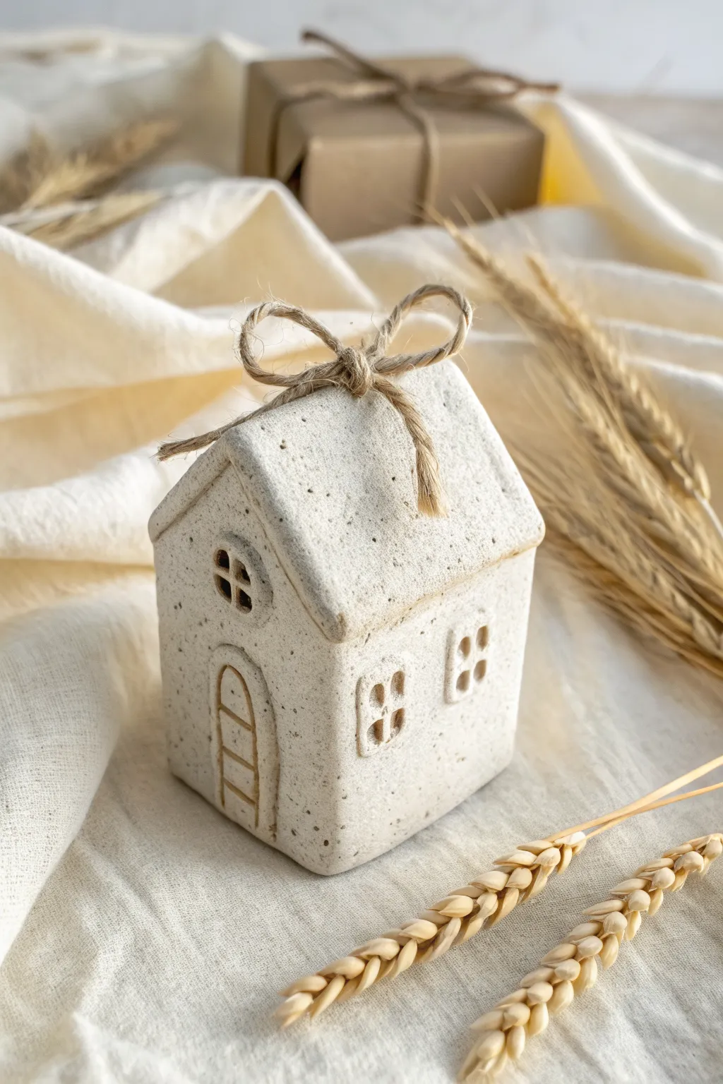 Minimal air-dry clay mini house ornament with twine tie, a sweet handmade keepsake gift