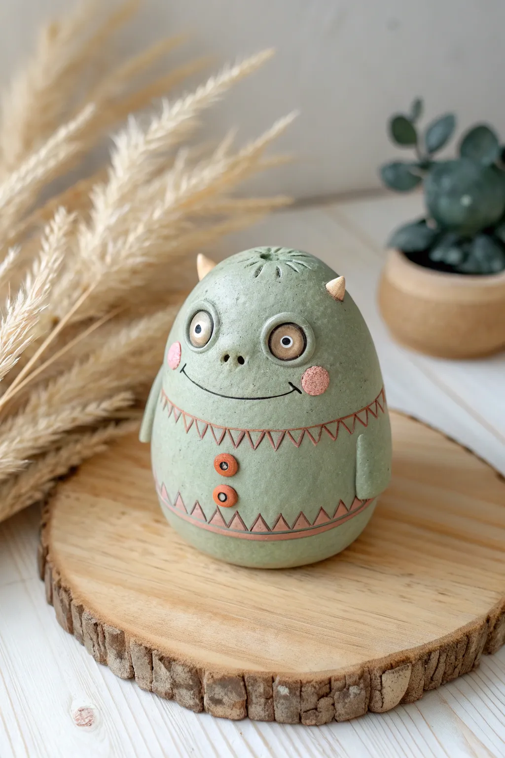 Cute stitched air-dry clay monster head with button eyes in muted tones for friendly Halloween decor.