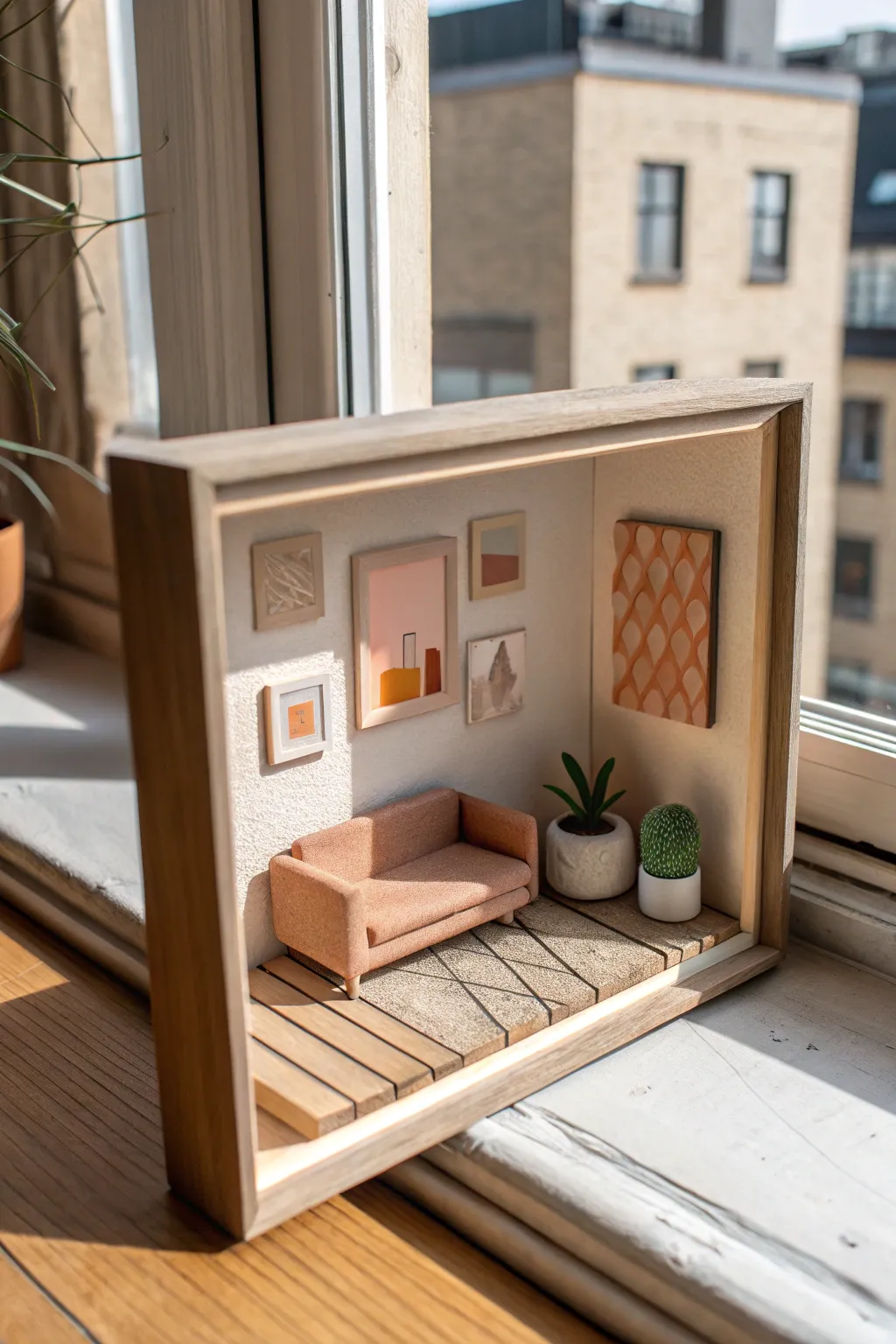 Miniature air dry clay room shadowbox in muted tones, Scandinavian minimal with boho warmth.