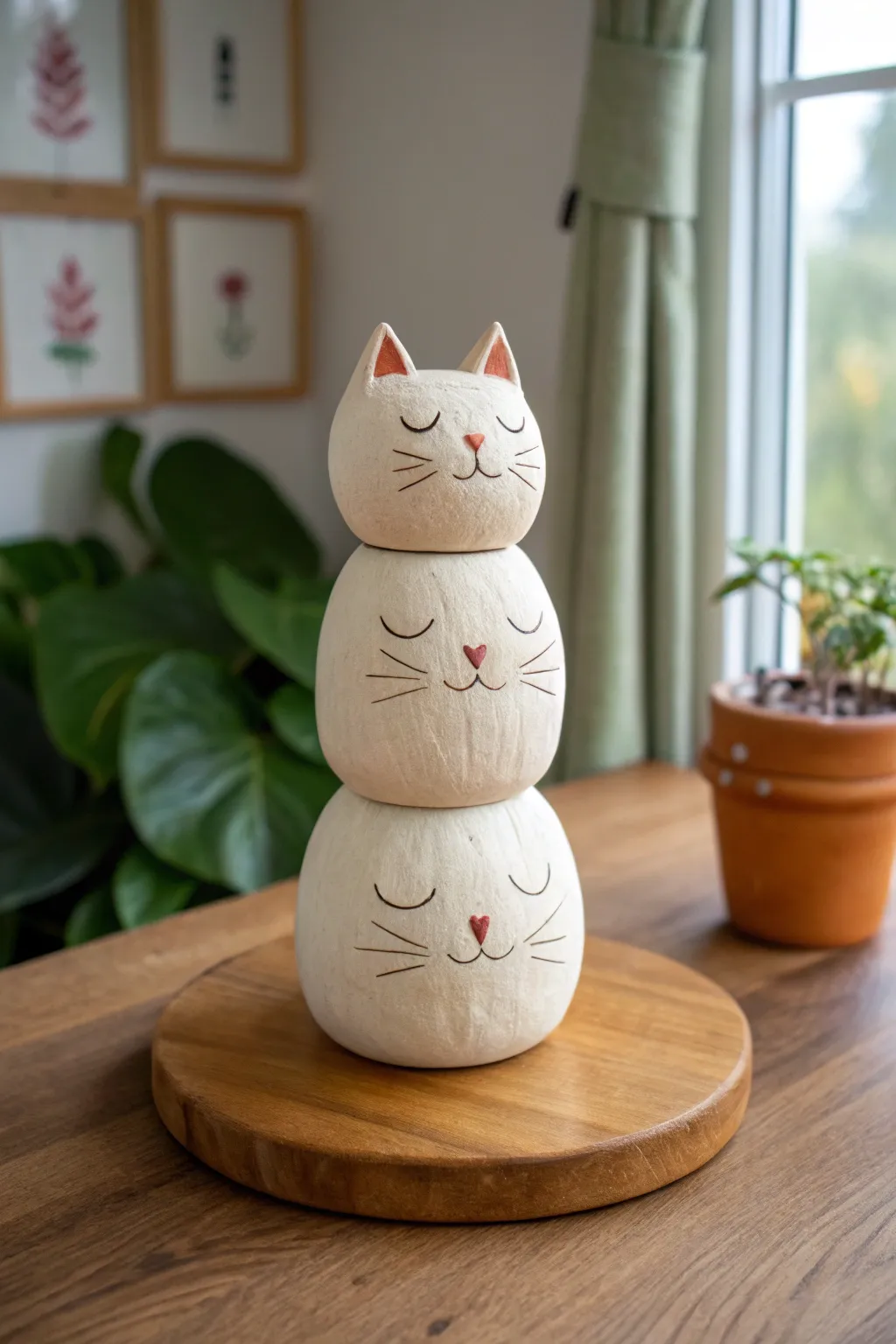 Modern stacked air-dry clay cat totem in soft neutrals, minimal details, cozy boho vibe