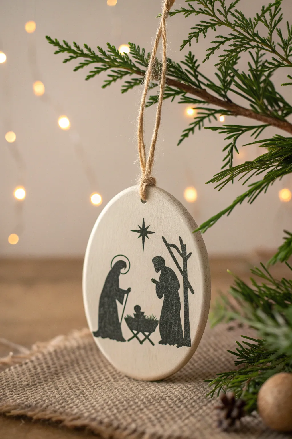Minimal air dry clay nativity ornament, warm glow on greenery for a cozy Scandinavian Christmas.