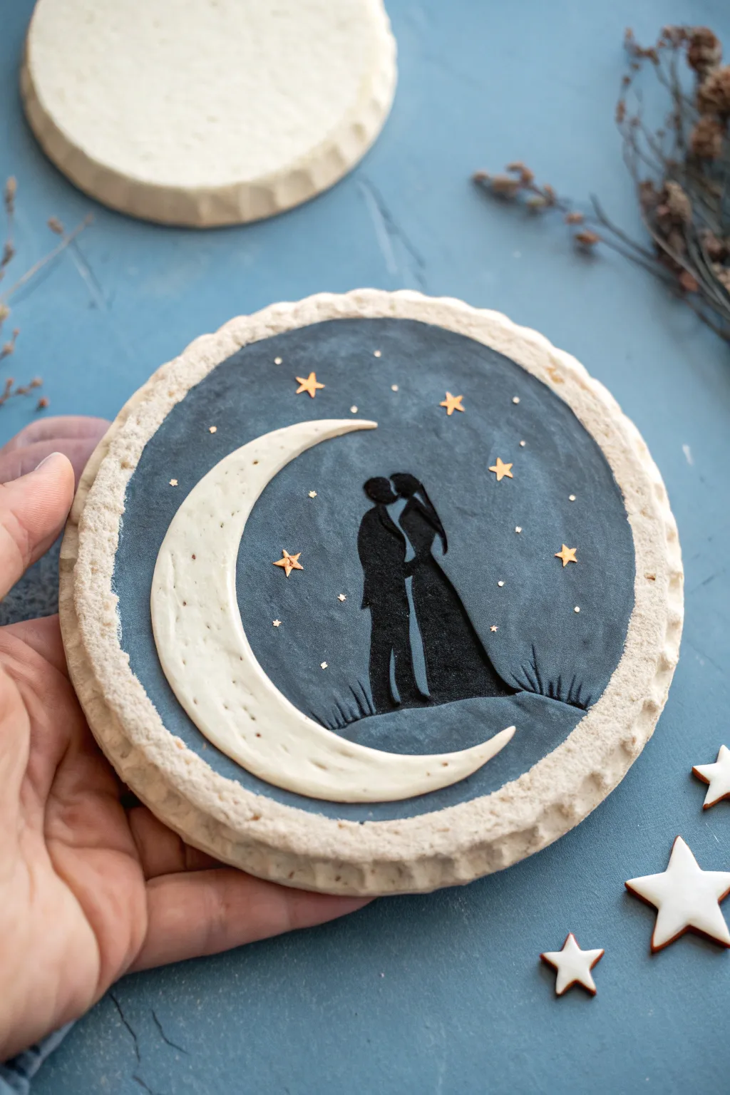 Dreamy air-dry clay plaque with a minimalist couple silhouette under a crescent moon and stars