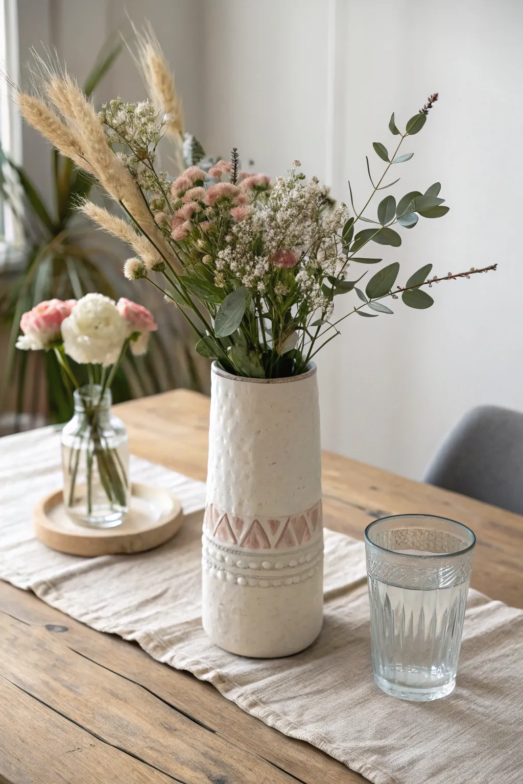 Simple air dry clay vase cover hides a water cup for fresh blooms, minimalist and boho