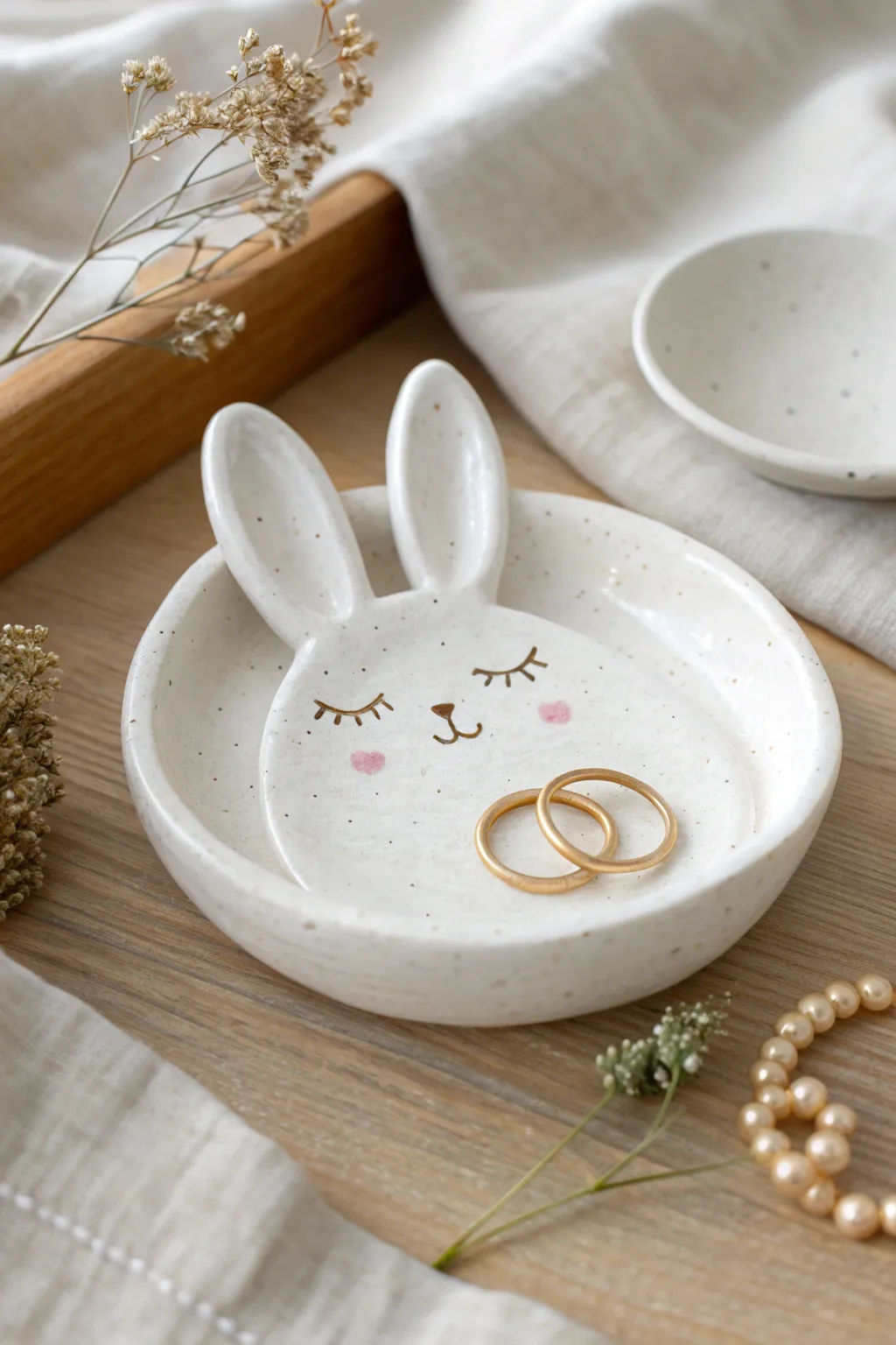 Minimal bunny-face clay trinket dish with soft matte finish, perfect for rings and tiny treasures
