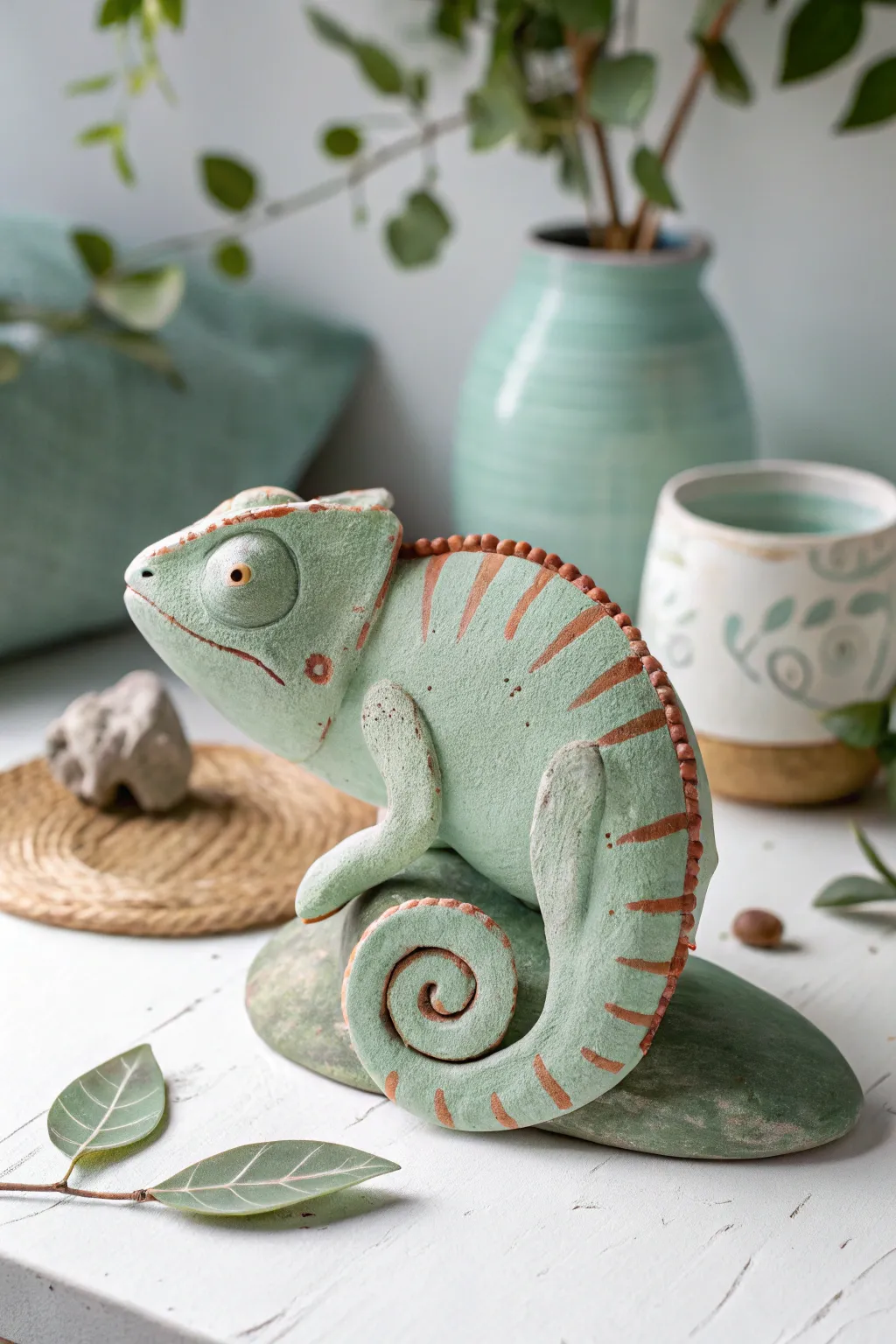 Minimalist air dry clay chameleon with a curled tail and simple painted stripes on mint
