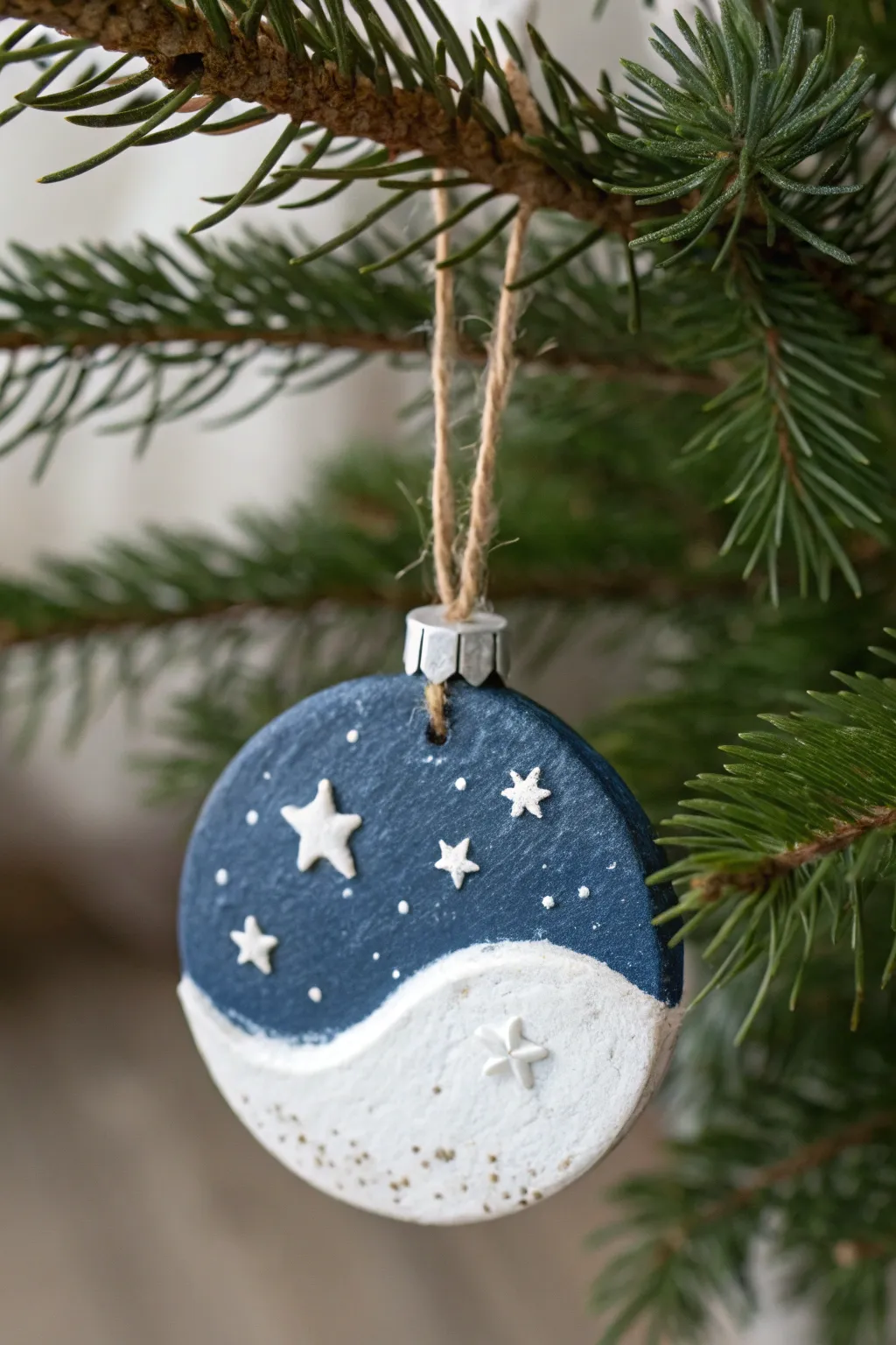 DIY night-sky air-dry clay ornament with snowy sparkle, perfect for kids Christmas crafts
