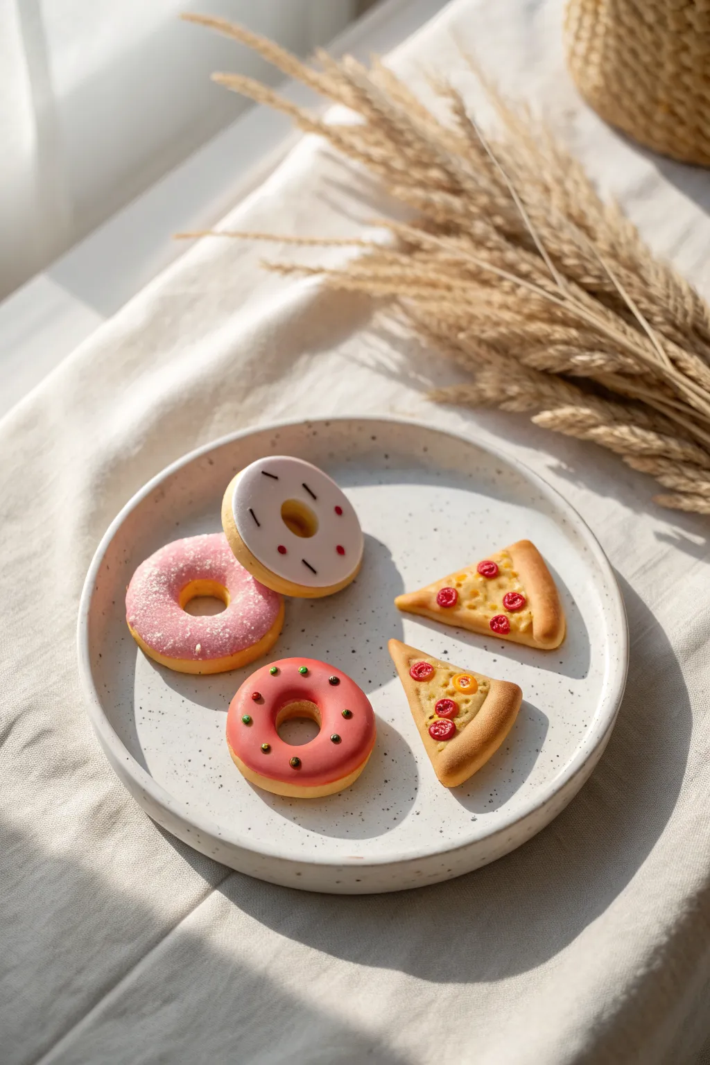 Kindergarten pretend-play snacks: chunky air dry clay donuts, pizza, and cookies on a minimalist plate