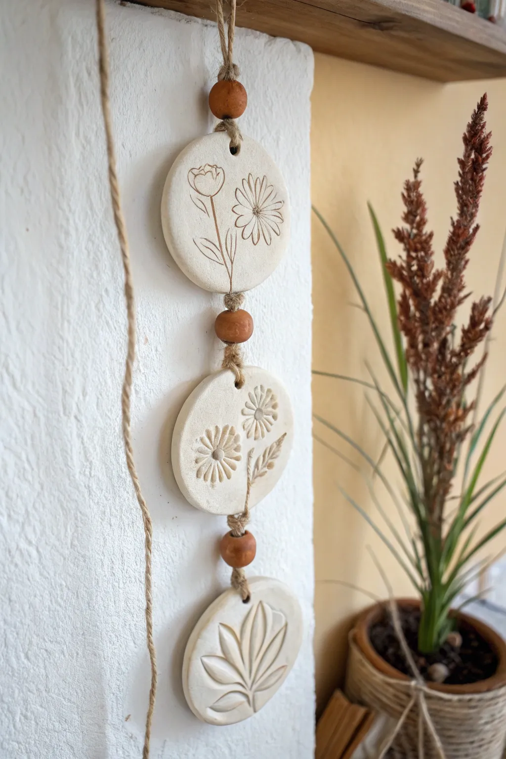 Minimal birth flower clay wall charm for Mom, simple twine hang and soft Scandinavian boho style