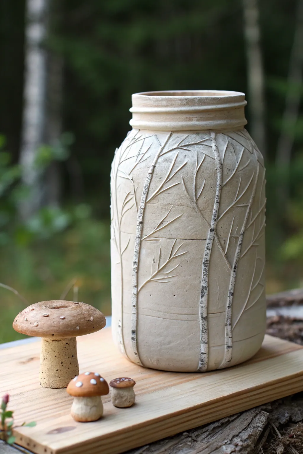 Woodland-inspired air dry clay jar with bark texture, vines, and tiny mushrooms.