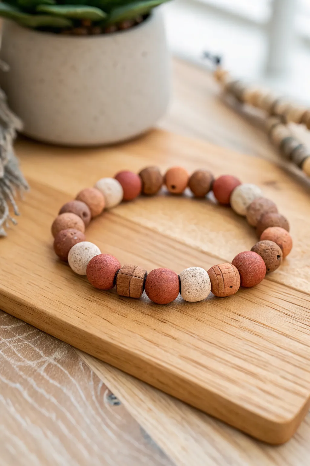 Minimalist air-dry clay hollow tube bead bracelet in earthy tones, styled on warm wood.
