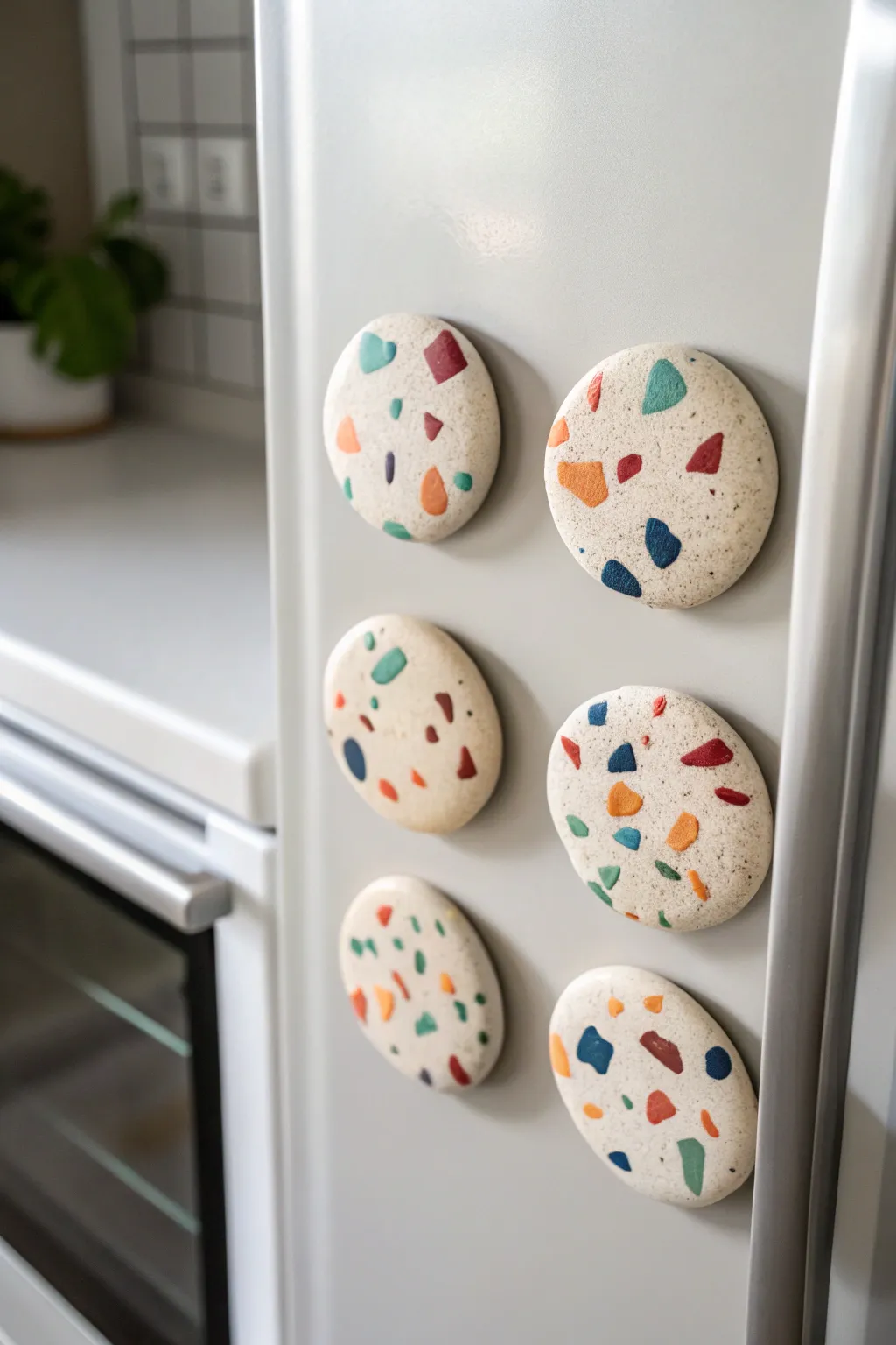 Terrazzo-style air dry clay chip magnets for a minimalist, boho-inspired fridge refresh