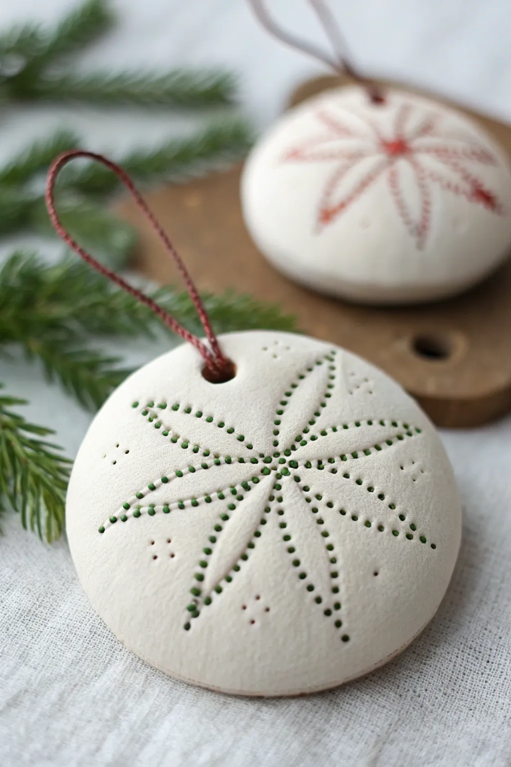 Air-dry clay ornament with stitched thread star pattern, minimal Scandinavian boho holiday charm.