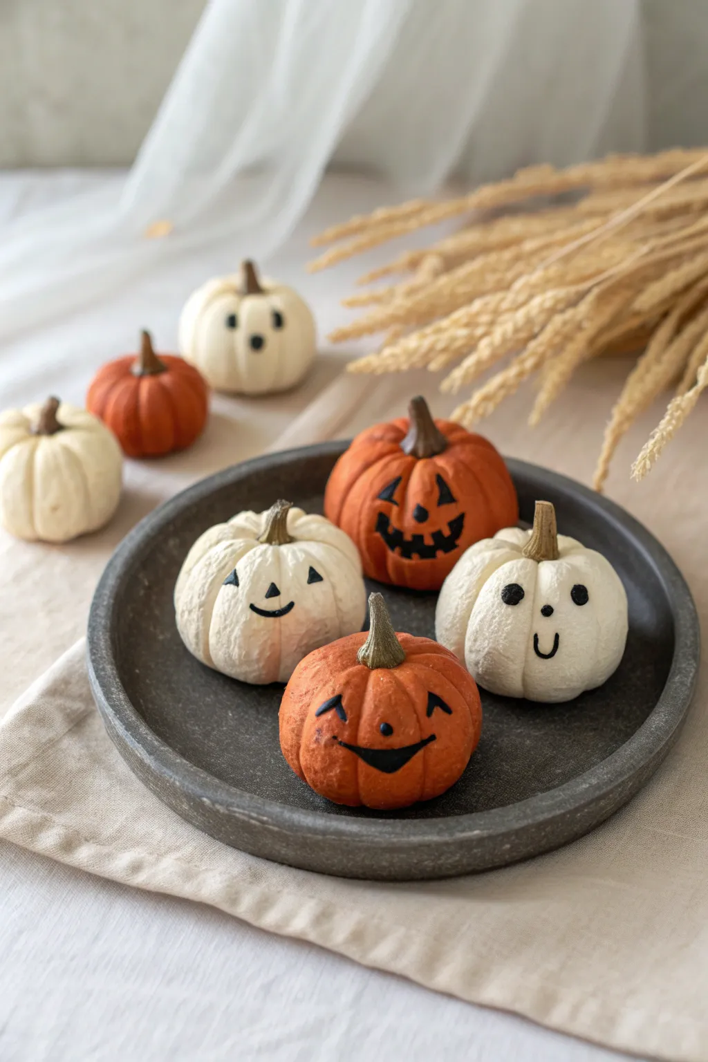 Spooky cute air dry clay mini pumpkins with simple faces, arranged on a matte black plate