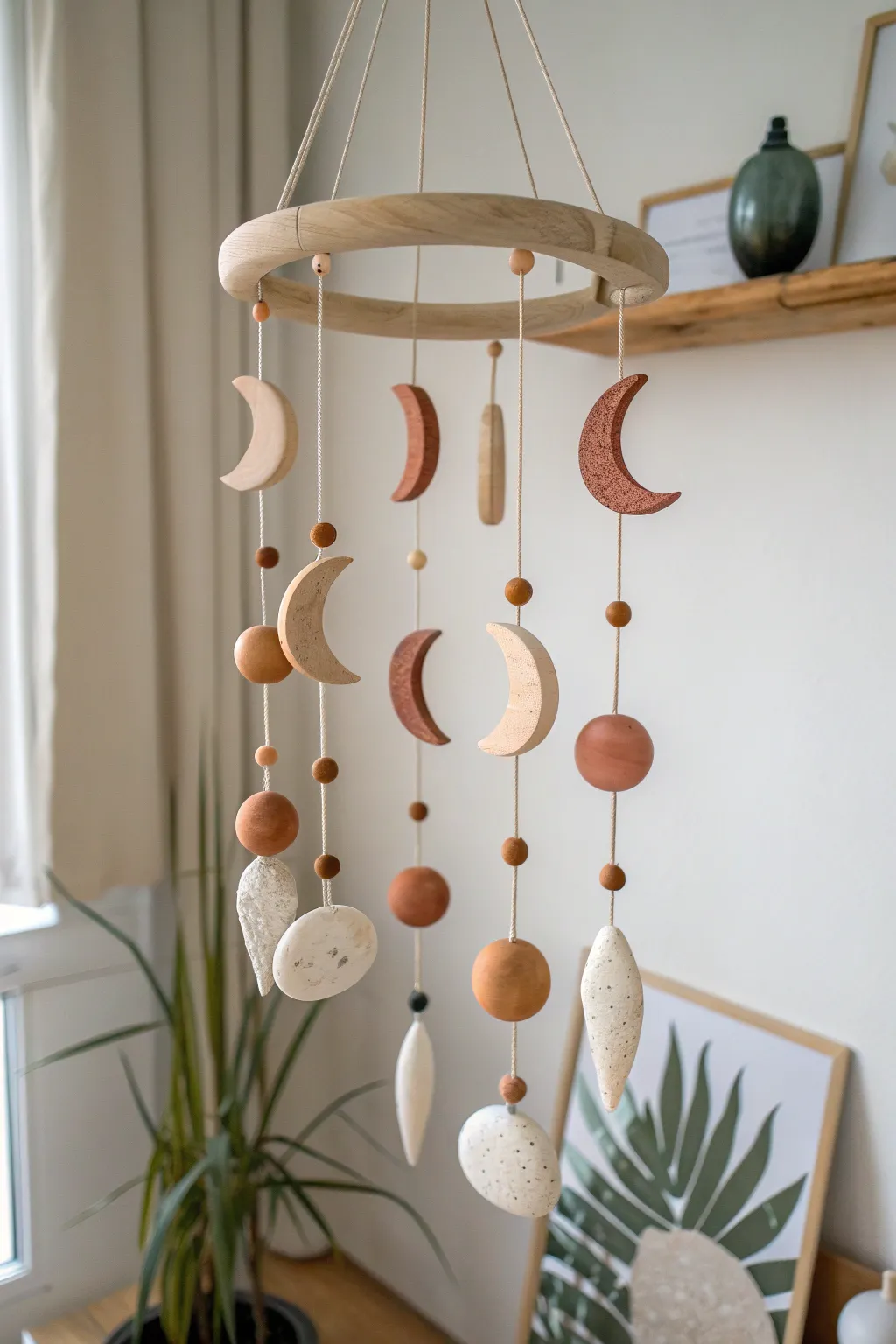 Minimal air dry clay mobile with soft moons and organic shapes in calm neutral tones