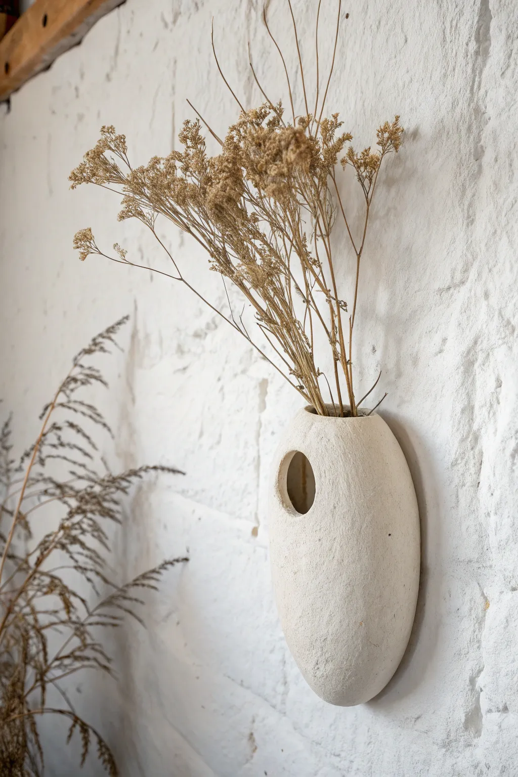 Minimal air dry clay pocket wall vase with dried stems, Scandinavian calm with boho warmth