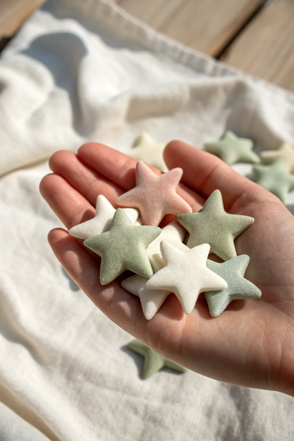 Soft matte worry stars in air dry foam clay, a calming pocket charm in minimalist boho style