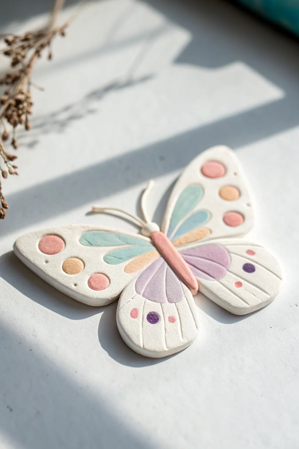 Simple pressed-wing clay butterfly with soft pastel patterns, minimalist and easy to recreate.