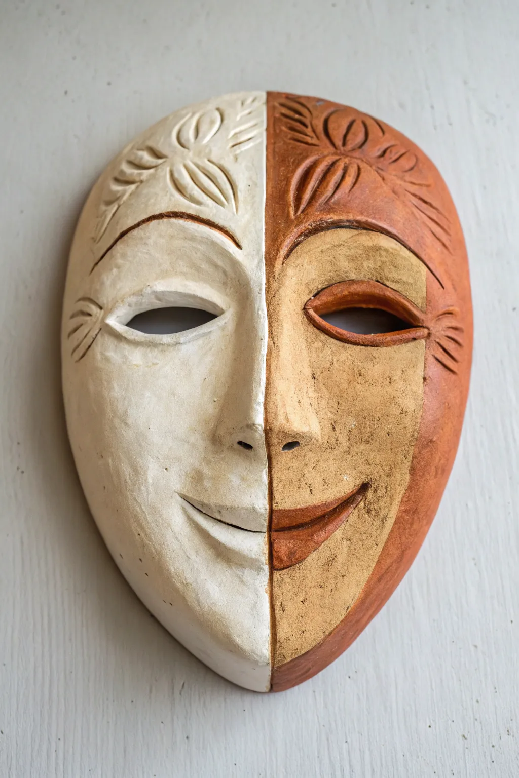 Two faces, one clay mask: a simple split-profile design with contrasting moods and earthy tones.