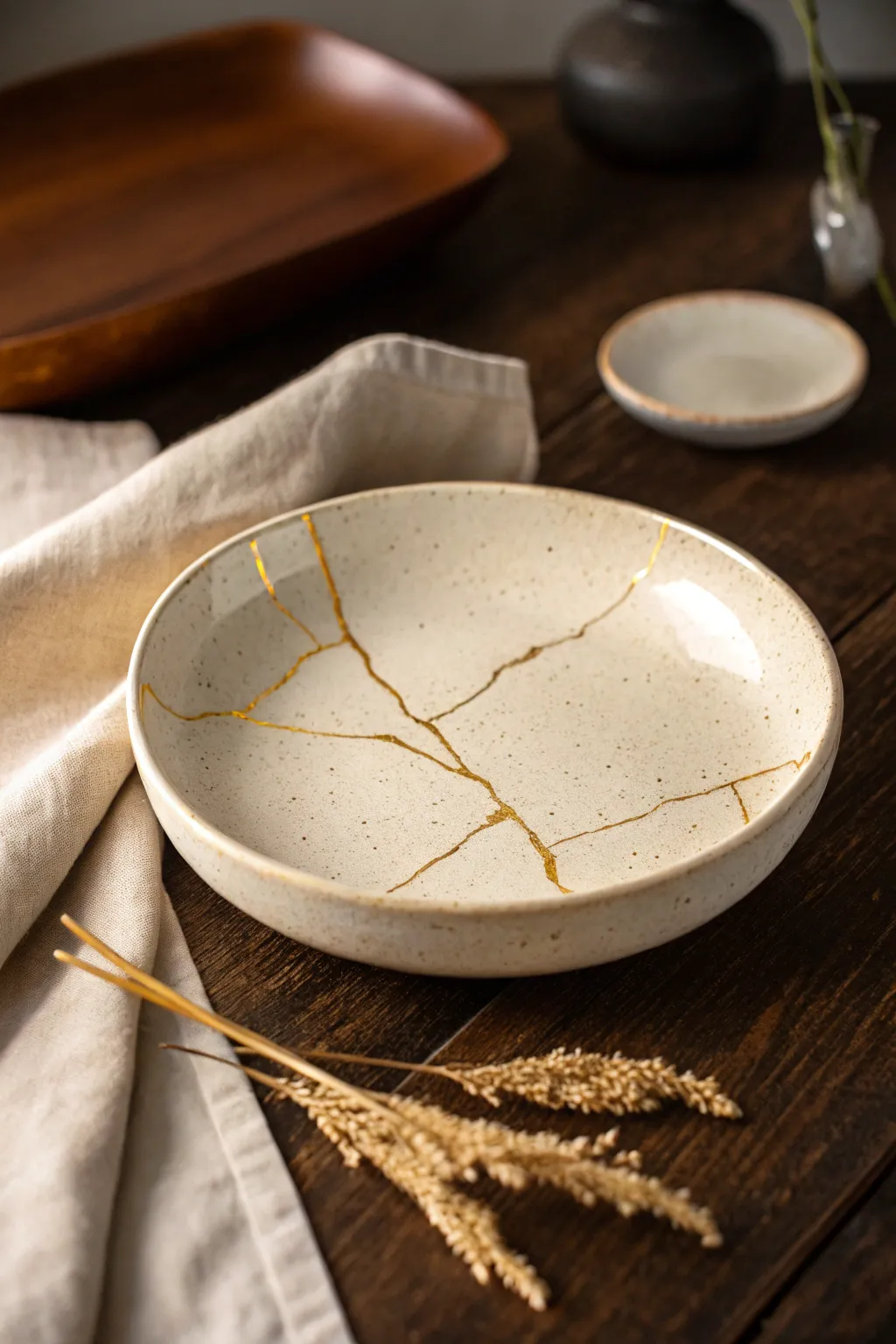 Air-dry clay dish with faux kintsugi gold crack detail for a cozy at-home pottery date night