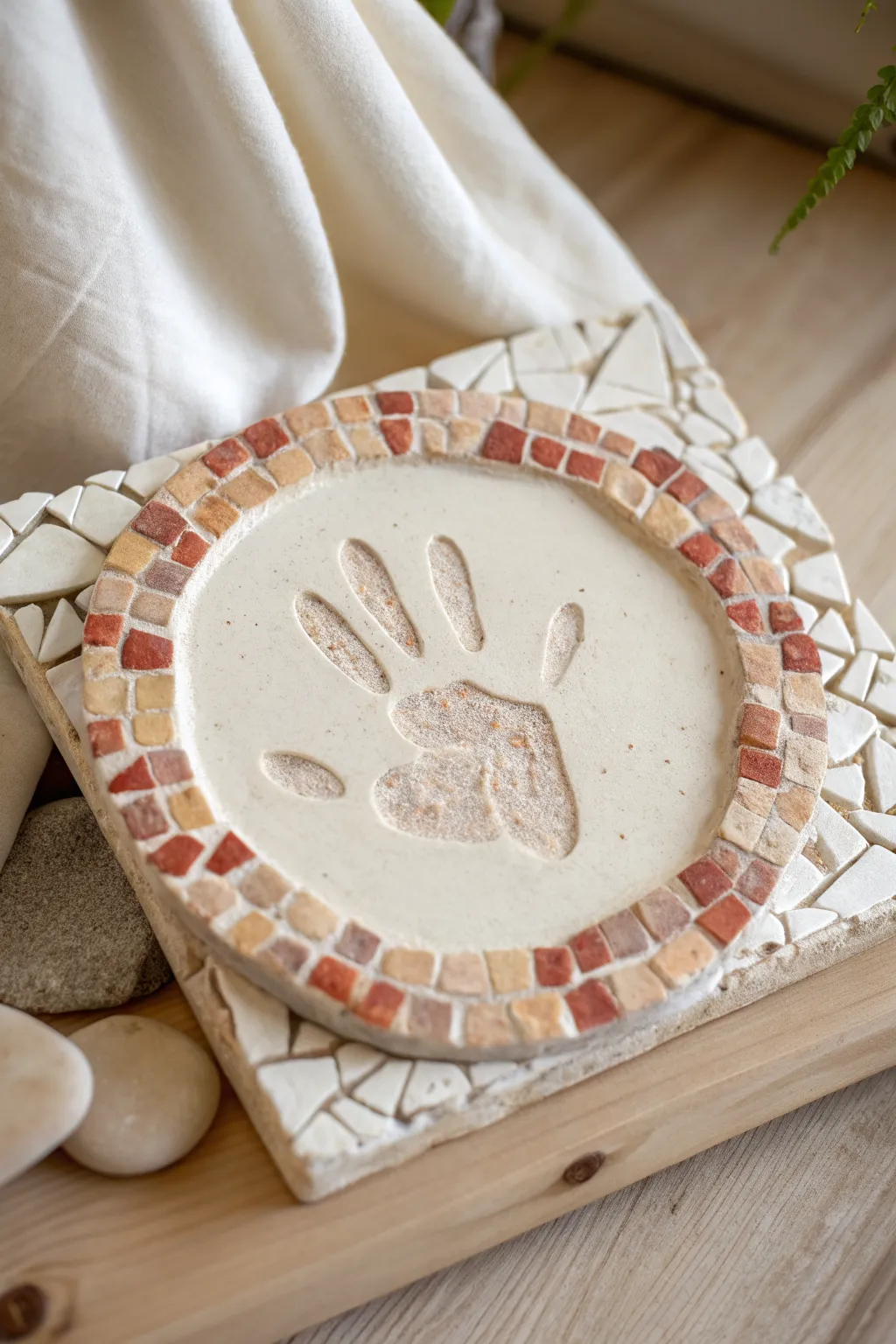 Minimal clay handprint plaque with a chunky mosaic border for a sweet, timeless baby keepsake.
