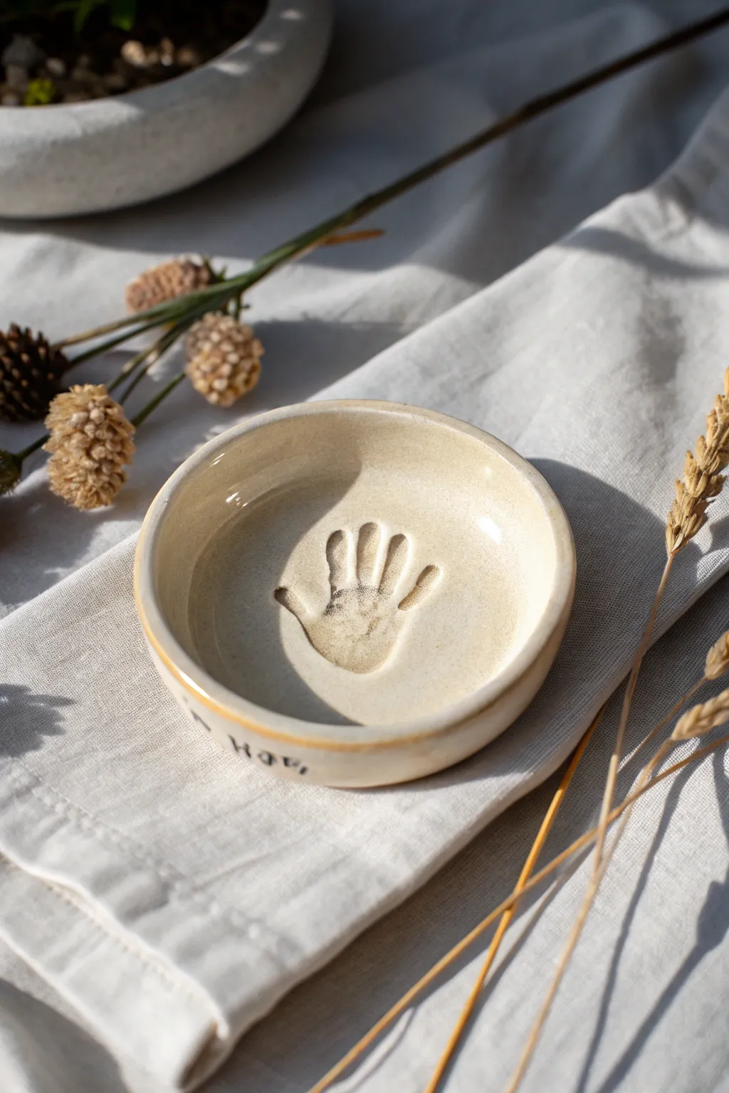 Glossy baby handprint trinket dish keepsake, minimalist and timeless for nursery memories
