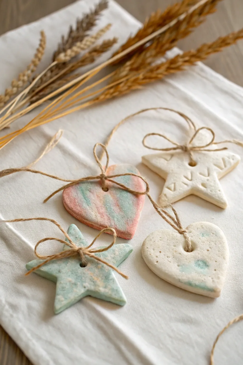 Painted salt dough ornaments in simple shapes, tied with twine for minimalist gift toppers.