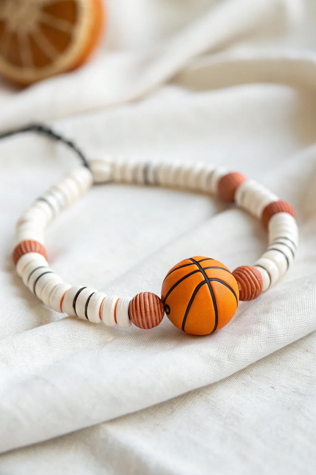 Minimal team-color heishi bracelet with two tiny hidden basketball beads for a sweet surprise